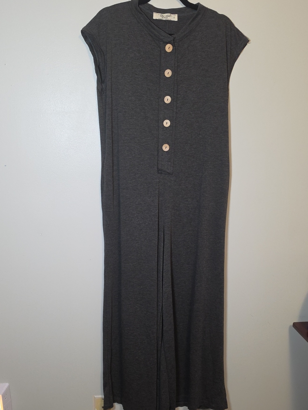 Cap-Sleeve Charcoal Button-Front Jumpsuit